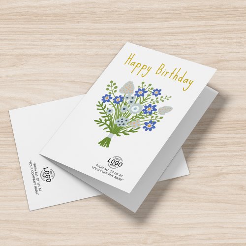 Add Logo Blue White Folk Flowers Business Birthday Card