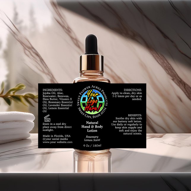 Add Logo Bottle Label 4oz or Oil Dropper Product (black custom logo oil dropper bottle label)