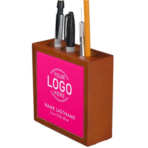 Add Logo Bright Pink Photo Name Title Simple Desk Organizer