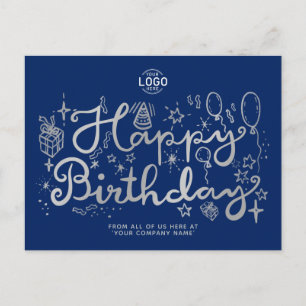 Add Logo Business Fun Doodle Silver Happy Birthday Holiday Postcard