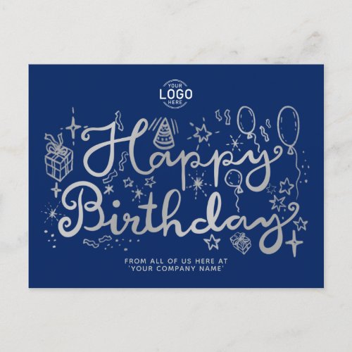 Add Logo Business Fun Doodle Silver Happy Birthday Holiday Postcard