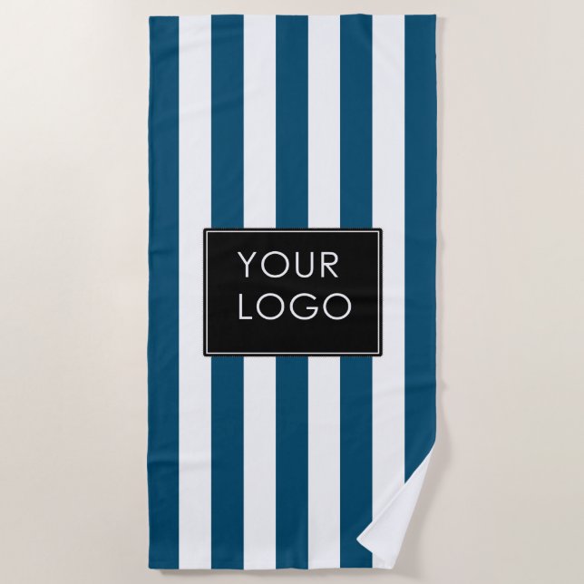 Add Logo Business Thick Stripes Blue Striped  Beach Towel (Front)