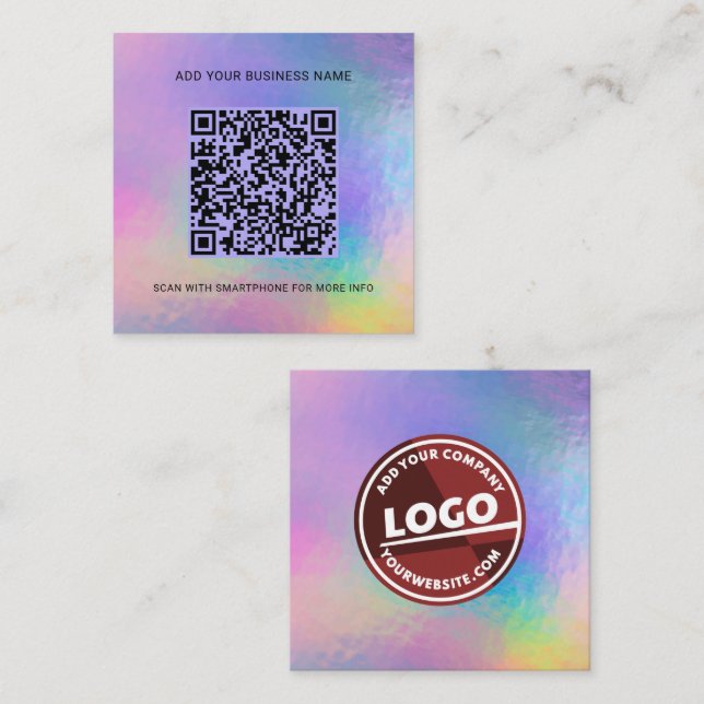 Add Logo Business Website QR Code Holographic Square Business Card (Front/Back)
