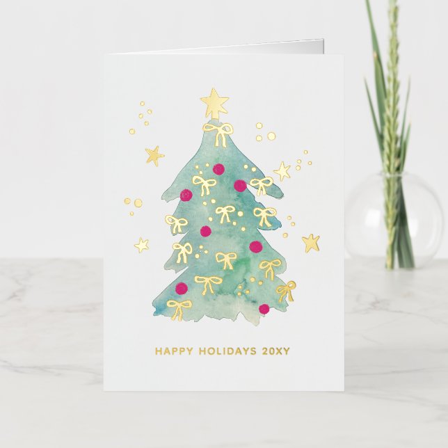 Add Logo Christmas Tree Ribbons Pink Business Foil Holiday Card (Front)