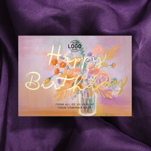 Add Logo Colorful Floral Bouquet Business Birthday Foil Invitation