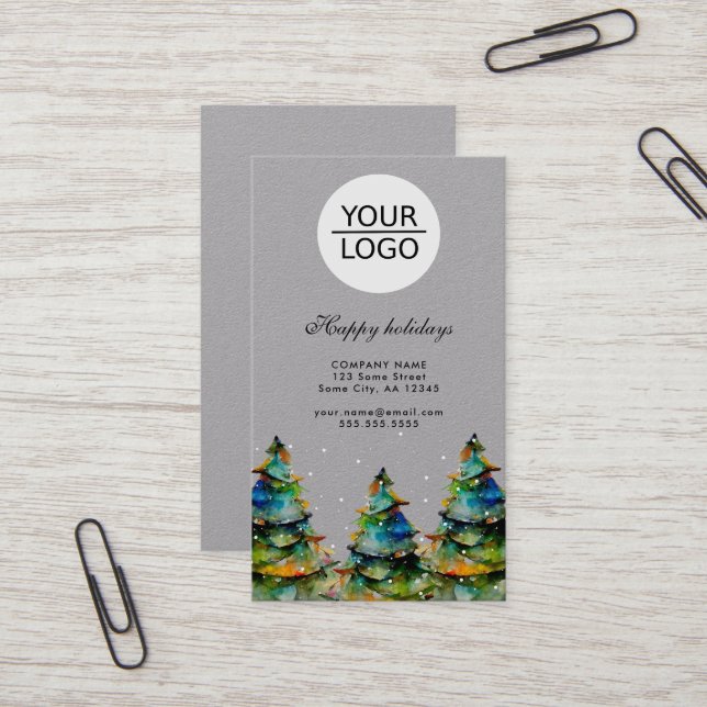 Add Logo Custom Text Christmas Pine Tree Promotion Business Card (Front/Back In Situ)