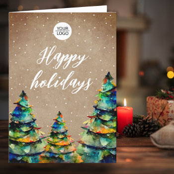 Add Logo Custom Text Christmas Tree Customer Holiday Card by OneLook_Holidays at Zazzle