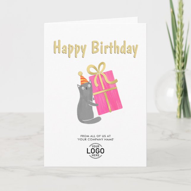Add Logo Cute Cat Big Pink Gift Business Birthday Card (Front)