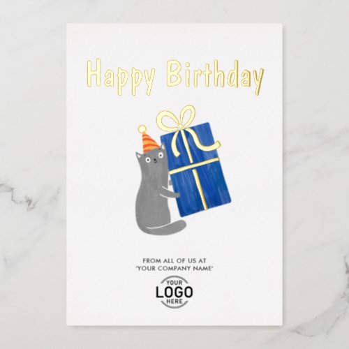 Add Logo Cute Cat Navy Blue Gift Business Birthday Foil Invitation