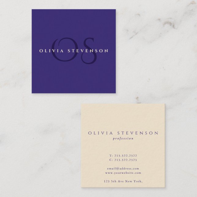 Add Logo Elegant Professional Indigo Blue Monogram Square Business Card (Front/Back)