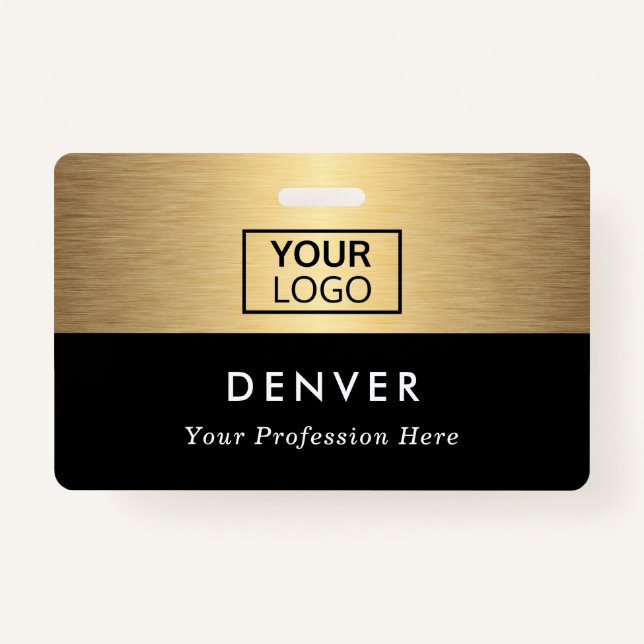 Add logo employee name title black golden gradient badge (Front)