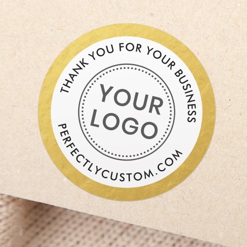 Add logo faux gold look border business thank you classic round sticker