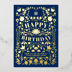 Add Logo Folk Flowers Business Navy Gold Foil Card