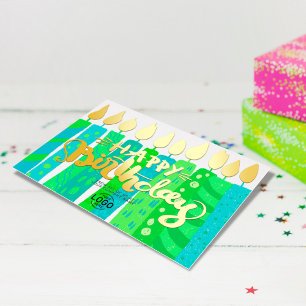 Add Logo Fun Green Blue Candles Corporate Birthday Foil Invitation
