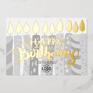 Add Logo Fun Grey Candles Corporate Happy Birthday Foil Invitation