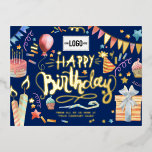 Add Logo Fun Party Navy Blue Business Birthday Foil Holiday Postcard<br><div class="desc">Make a lasting impression with this add your custom logo fun colorful business happy birthday Postcard. Whimsical stylish design, with watercolor Birthday party elements, cakes, cupcakes, confetti, gifts, candles and hand lettering text and some elements in real gold foil. The navy blue background can be changed to any other color....</div>