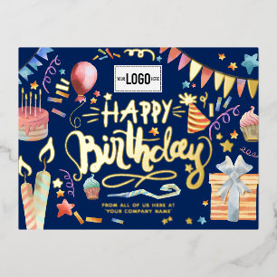 Add Logo Fun Party Navy Blue Business Birthday Foil Holiday Postcard