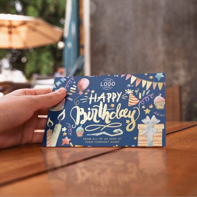 Add Logo Fun Party Navy Blue Corporate Birthday Foil Invitation (Creator Uploaded)