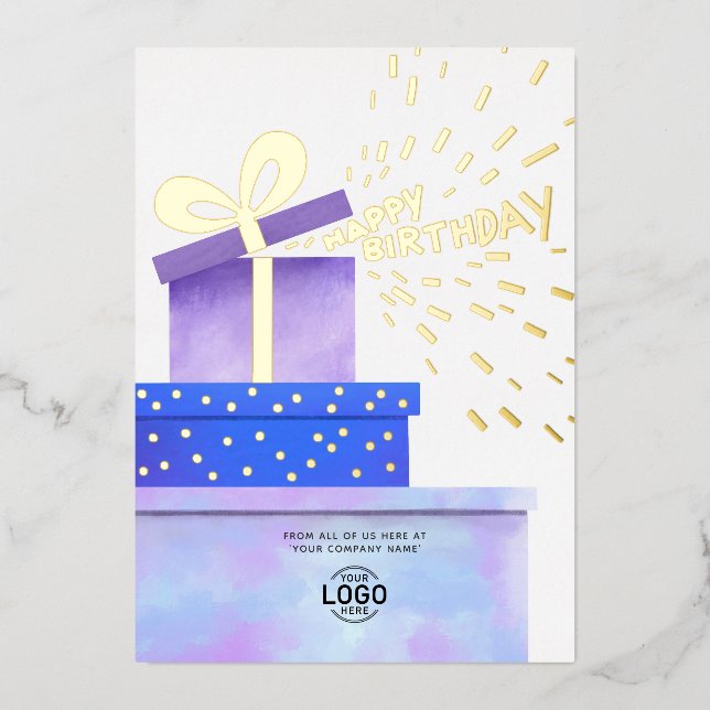Add Logo Fun Purple Blue Gifts Business Birthday Foil Invitation (Front)