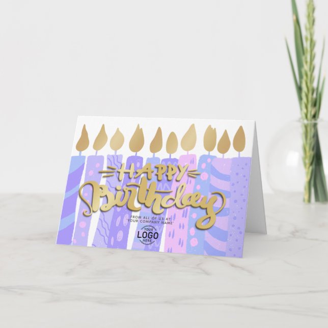 Add Logo Fun Purple Candles Business Birthday Card (Front)