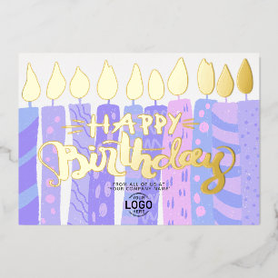 Add Logo Fun Purple Candles Corporate Birthday Foil Invitation