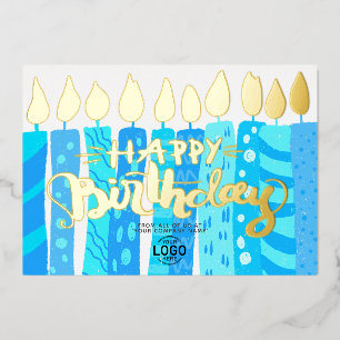Add Logo Fun Sky Blue Candles Corporate Birthday Foil Invitation