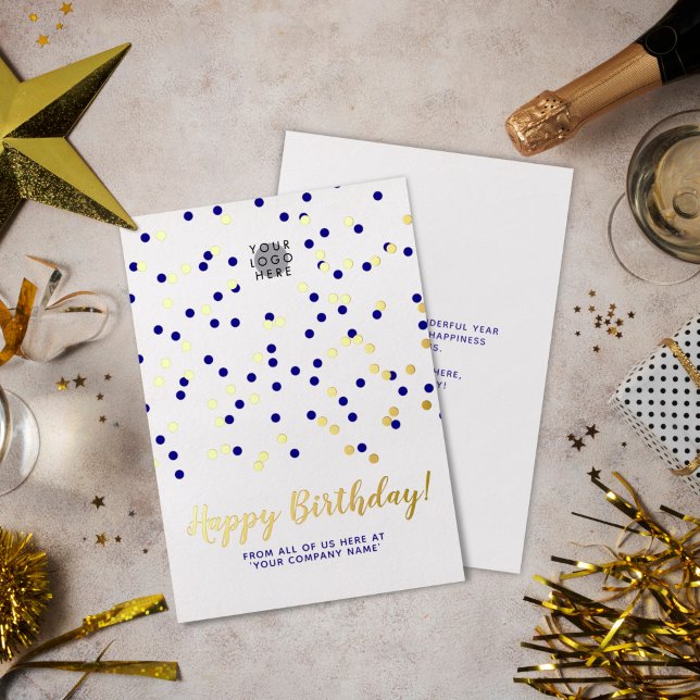 Add Logo Gold Foil Blue Confetti Business Birthday Invitation (Creator Uploaded)