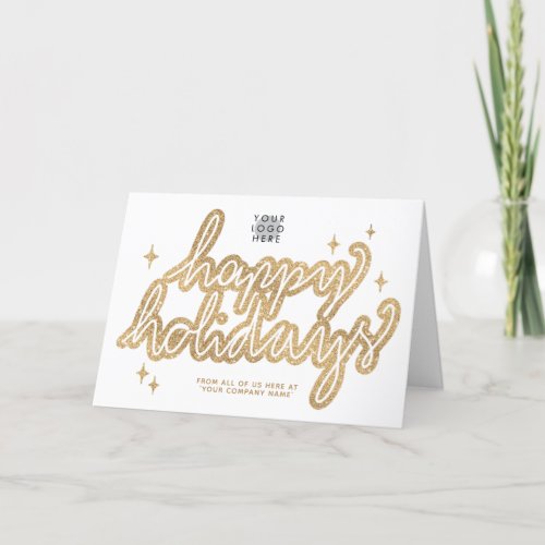 Add Logo Gold Glitter Office Happy Holidays White Card