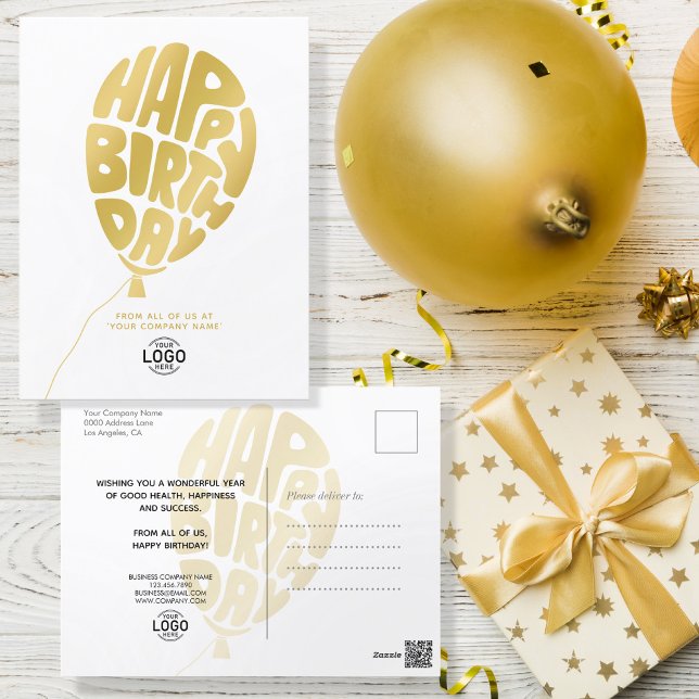 Add Logo Gold Lettering Balloon Business Birthday Holiday Postcard (Creator Uploaded)