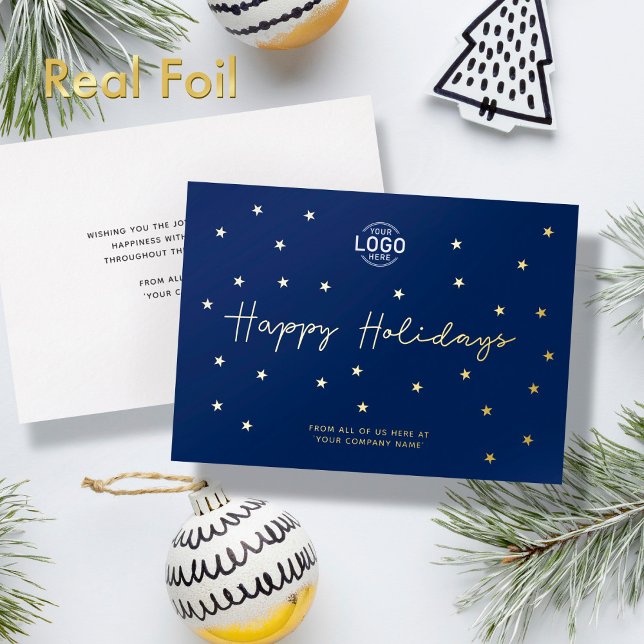 Add Logo Gold Stars Navy Blue Business Holidays Foil Invitation (Creator Uploaded)