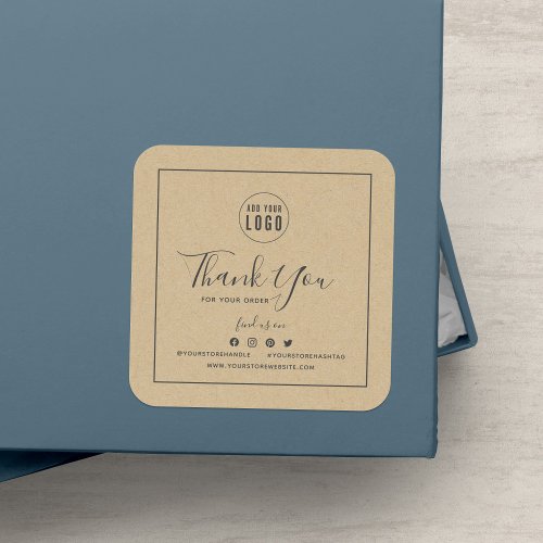 Add Logo Gray Border Social Media Thank You Kraft Square Sticker