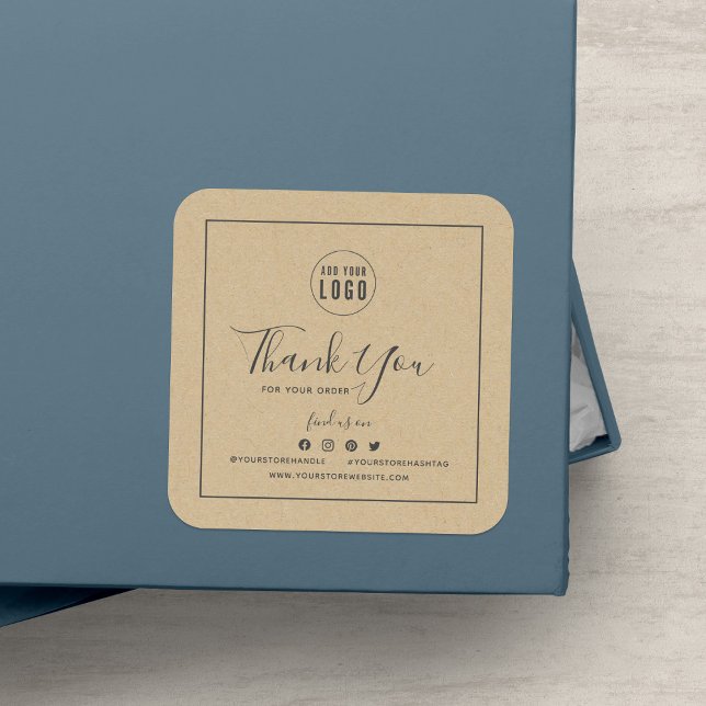 Add Logo Gray Border Social Media Thank You Kraft Square Sticker (Creator Uploaded)