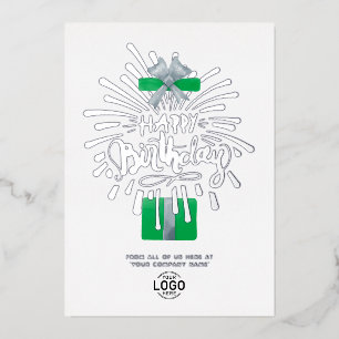 Add Logo Green Gift Fireworks Business Birthday Foil Invitation