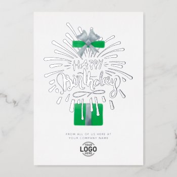 Add Logo Green Gift Fireworks Business Birthday Foil Invitation by pinkpinetree at Zazzle