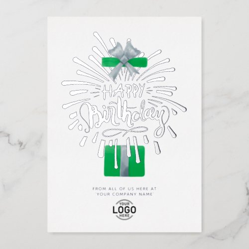 Add Logo Green Gift Fireworks Business Birthday Foil Invitation