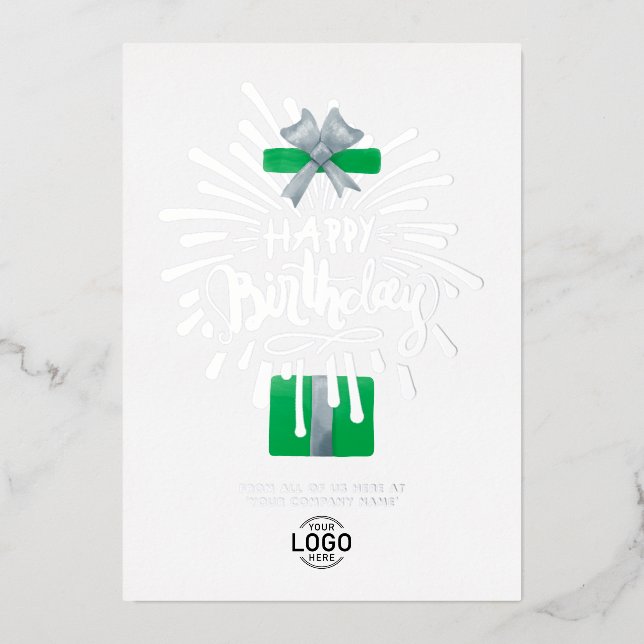 Add Logo Green Gift Fireworks Business Birthday Foil Invitation (Front)