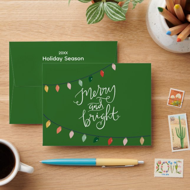 Add Logo Green Merry and Bright Lights Gift Card Envelope (Desk)