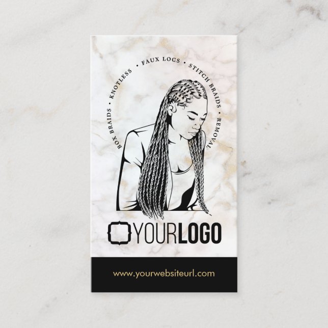 Add Logo Hair Braiding Salon Braid Stylist Marble  Business Card (Front)