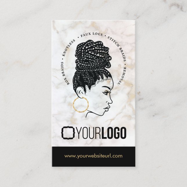 Add Logo Hair Braiding Salon Braid Stylist Marble  Business Card (Front)