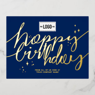 Add Logo Hand Script Navy Blue Business Birthday Foil Holiday Postcard