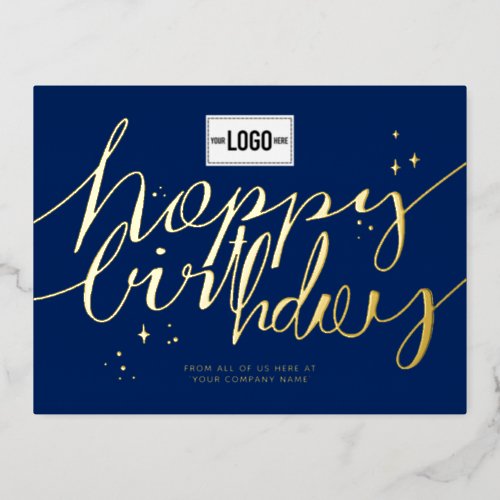 Add Logo Hand Script Navy Blue Business Birthday Foil Holiday Postcard