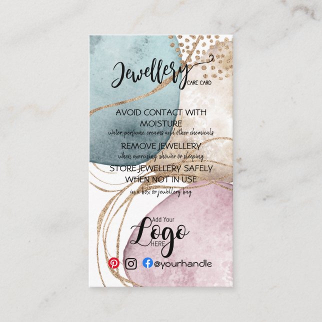 ADD LOGO jewellery CARE CARDS small business UK (Front)