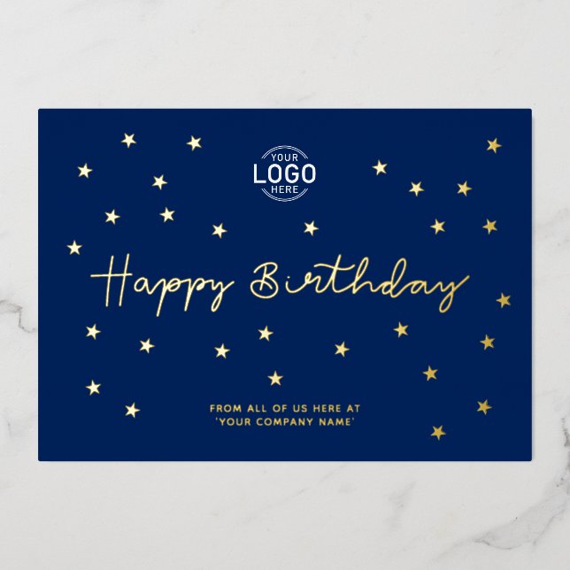 Add Logo Minimal Gold Stars Blue Office Birthday Foil Invitation (Front)