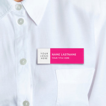 Add Logo Minimalist Bright Pink White Magnet Title Name Tag by pinkpinetree at Zazzle
