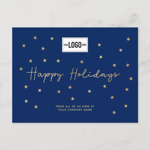 Add Logo Minimalist Gold Stars Navy Business Happy Holiday Postcard