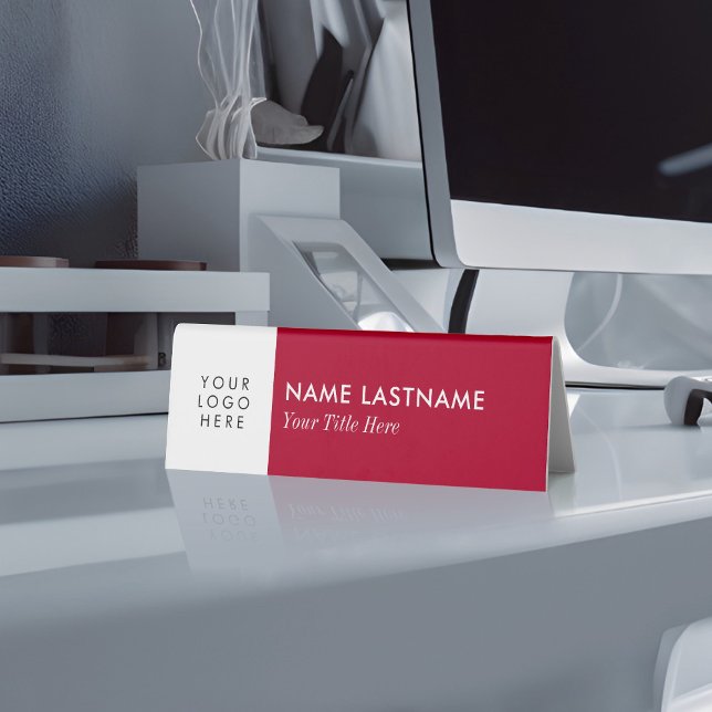 Add Logo Minimalist Simple Burgundy White Name Table Tent (Creator Uploaded)