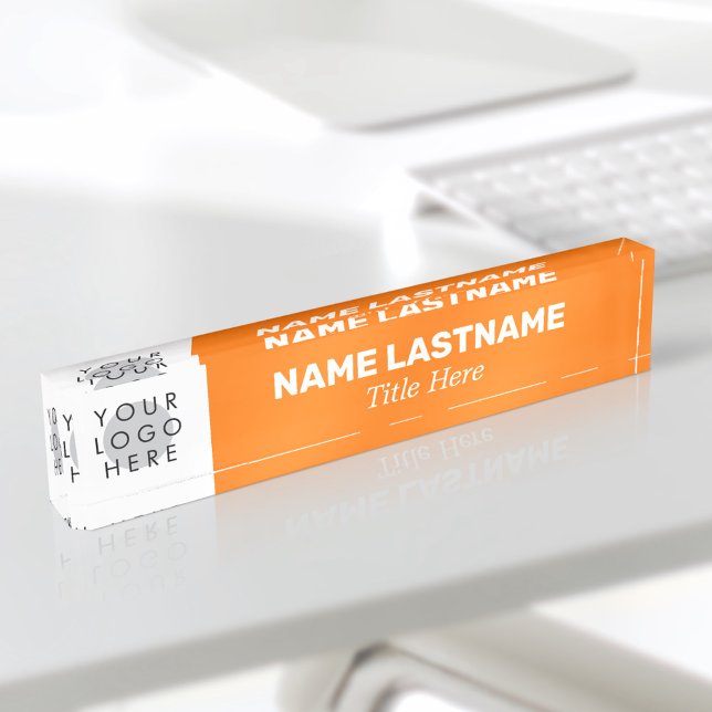 Add Logo Modern Name Title Simple Bright Orange Desk Name Plate (Cover photo for a bold modern stylish orange name plate with a custom logo)