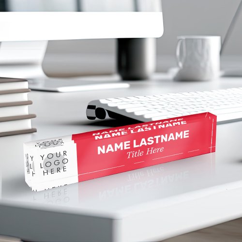 Add Logo Modern Name Title Simple Bright Red Desk Name Plate