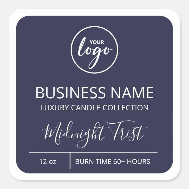 Add Logo Modern Navy Blue Soy Candle Labels (Front)
