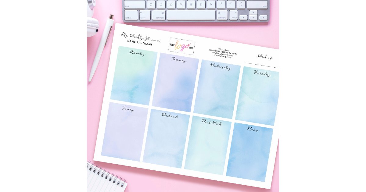 Add Logo Name Blue Watercolor Weekly Planner Notepad | Zazzle